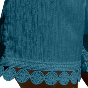 Shorts Bermuda Femme Taille Haute à Cordon de Serrage, Bordure Dentelle, Couleur Unie, Tissu Coton Froissé, Coupe Droite, Décontracté, Été, Plage - Product Image 6