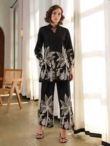 Manches longues femmes modeste impression costume décontracté pantalon indien Coord pantalon bureau vacances porter en gros cordon ensemble coton grande taille - Product Image 4