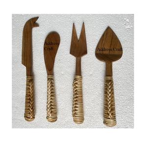 Set à salade dernier modèle Serveur à salade en bois avec manche en rotin tissé à la main Couverts en osier Cuillère Fourchette Ensemble Ustensiles de cuisine Outils à salade - Product Image 6