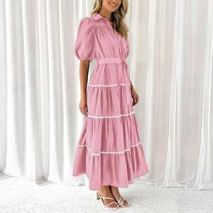 Fabricante verano 100% algodón Simple Rosa Maxi vestido de cintura alta suelto ajustado verano vacaciones traje tobillo longitud Maxi vestido - Product Image 2