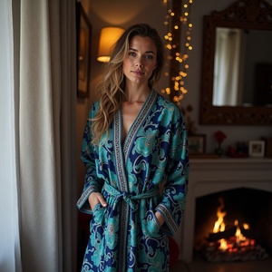 Robe longue en viscose douce et luxueuse imprimée numériquement bleu Paisley avec bordure florale sensation soyeuse parfaite pour tous les jours - Product Image 1