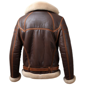 Chaquetas de cuero para hombre, chaquetas desgastadas de piel de oveja pura Sherpa Shearling Faux Fur elegante Rib Knit, aviador de vuelo con cinturón suave B3 Bomber - Product Image 2