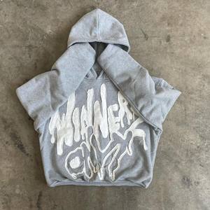 Custom Applique Patch Distressed Embroidery Hoodie Streetwear Vintage Washed Boxy Crop <b>Raw</b> Hem Men Hoodie - Product Image 6