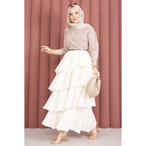 Ecru Pleated A-Line <b>Skirt</b> with Ruffles Breathable Chiffon Spandex Nylon Silk Cotton Fabrics XS Size for Spring Season - Product Image 5