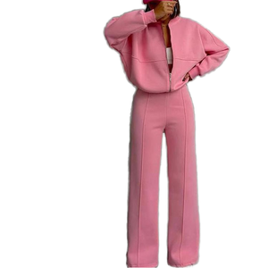 Ensemble survêtement femme personnalisé en coton 100% lourd, écologique, respirant, pantalon large, sweat à capuche zippé - Product Image 1