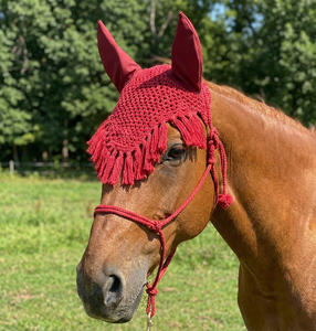 Red Crochet Horse Fly Veil <b>Tassel</b> <b>Fringe</b> Matching Ear Covers Handmade Soft Padded Comfortable High Quality Equestrian Bonnet for - Product Image 2