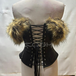 Black Leather <b>Corset</b> With Fur Trim One-Shoulder Asymmetric Steel Boned Bustier Top - Product Image 6