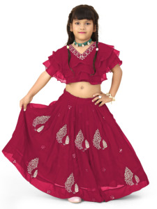 Shoryam Fashion Lehenga Choli brodé en georgette pour enfants, style ethnique, pour les fêtes |   Haut à manches à volants superposés, imprimé feuille d'or, tenues pour filles - Product Image 2