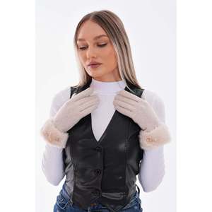 Guantes beige con pantalla táctil y puños de piel sintética para mujer ELD29 - Beige - Product Image 6