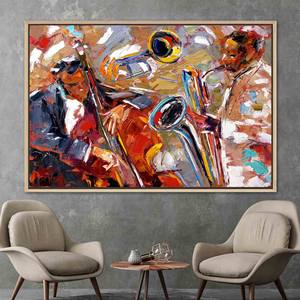Impresión Vibrante de Saxofón Jazz en Lienzo |   Decoración de pared abstracta, plana, sin textura, 1 pieza: con marco dorado - Product Image 1