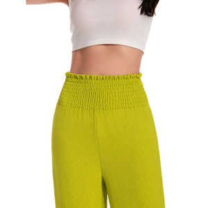 Pantalon large taille haute en maille froissée, style décontracté, léger, pour la détente, devant plat, taille smockée, tissu respirant - Product Image 6