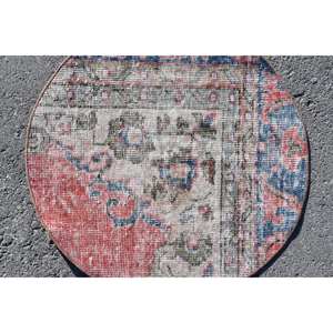 Tapis turc vintage de 2,3 pieds x 2,3 pieds, rouge, bleu, patchwork, laine, technique de tissage plat en latex pour les décorations de salon - Product Image 5