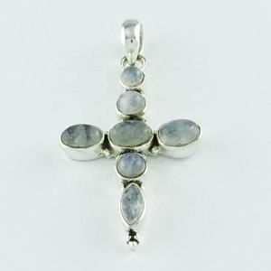 Rainbow Moon Stone 925 <b>Sterling</b> <b>Silver</b> Pendant <b>Cross</b> Design Religious Style Charm Pendants From India - Product Image 1