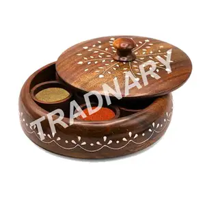 Tradnary Premium Round Wooden Spice Box In Latest Inlay Design With 7 Round Container For Store Spices And Herbs