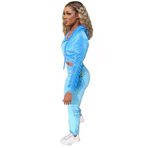 Wholesale Winter Streetwear Solid Heavyweight Velour Hooded <b>Crop</b> <b>Top</b> Set Casual Custom Velvet Women Tracksuit - Product Image 5