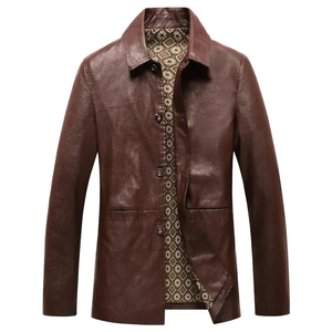 Men's Genuine Leather Trench Coat Turn-down Collar Slim Fit Single Breasted Regular Length Black Jacket - Product Image 3