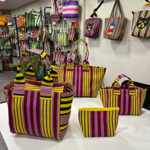 Premium Quality Eco-Friendly Recycled <b>Nylon</b> Striped Reusable Tote <b>Bag</b> Pouch Ribbon Handle Zipper Closure <b>Shoulder</b> <b>Bags</b> Set-Bulk - Product Image 1