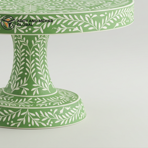 Support à gâteau de luxe en incrustation d'os vert fabriqué à la main assiette à dessert en piédestal de feuilles florales - Product Image 5