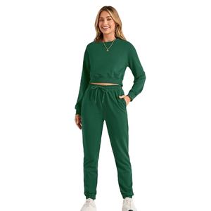 Conjunto Deportivo Informal Personalizado OEM de Dos Piezas para Mujer, Talla Grande, Top Corto y Pantalón Largo, con Pedrería, 100% Algodón, para Yoga - Product Image 5
