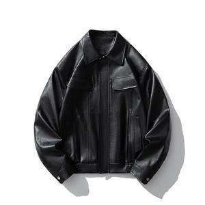 Chaqueta Bomber de piel sintética para hombre, ropa de calle vintage, abrigo de motorista con cremallera de invierno con cuello con capucha y solapa, tela negra y marrón - Product Image 4