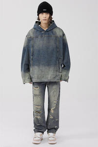 Sudadera con Capucha Estilo Denim Desgastado para Hacerla Parecer Vieja, Abrigo Holgado para Hombre, Moda Urbana - Product Image 3