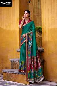 Ropa tradicional india Poliéster Viscosa Chanderi Sari y piezas de Blusa con estampado Kalamkari para bodas y festivales - Product Image 4