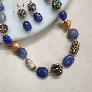 Blue Stone Jadau <b>Beaded</b> Fashion Jewelry <b>Set</b> Elegant Necklace and Earrings Combo - Product Image 1