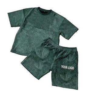 2025 nueva llegada camisetas personalizadas conjunto corto para hombres verano 2 piezas pantalones cortos conjunto con diamantes de imitación chándal de algodón para hombres - Product Image 5