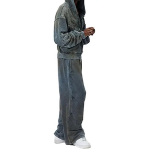 Survêtement à épaules tombantes en strass pour hommes Sweat à capuche respirant à fermeture éclair surdimensionné avec lavage à l'acide Pantalon de survêtement pour hommes - Product Image 3