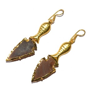Wholesaler Semi-Precious Stone Crafts Rose Quartz Real Touch Electroplated Arrowhead <b>Earrings</b> Fashion Jewelry Feng Shui Stones - Product Image 2