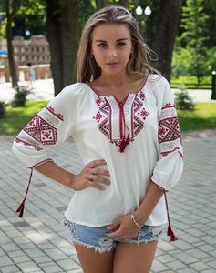 Blusas Elegantes para Mujer Estilo Ucraniano, Bordado a Mano, Popelina Tejida, Manga Corta, Cuello en V, Tops Casuales, Tallas Grandes, Verano Invierno, Estilo Simple - Product Image 3