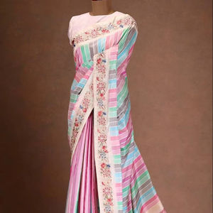 Saree en pure soie de créateur de Bollywood avec une belle bordure de travail de séquence de broderie Style pakistanais mariage et tenue de fête - Product Image 1