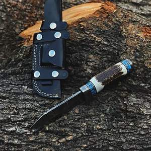 Cuchillo de Caza de Acero de Damasco 2024, Más Vendido, Alta Calidad, al por Mayor, Mango de Asta de Ciervo Hecho a Mano, Funda de Cuero Fino, Estilo Vikingo, OEM - Product Image 2