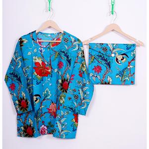 Ensemble de pyjama en coton pur à imprimé floral pour femmes, vêtements de nuit de luxe biologiques provenant d'un exportateur indien pour l'été - Product Image 5