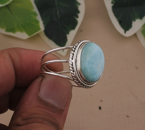 Anillo de Plata de Ley 925 hecho a mano con piedra preciosa Larimar Natural cabujón ovalado joyería de piedra azul Dominicana para mujer - Product Image 2