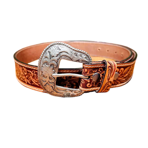 Cinturón de Cuero Genuino Occidental Unisex Hecho a Mano con Estampado Floral por Transferencia Térmica, Personalizado, Vintage, de Piel de Vaca Color Bronceado, de 1-1.5 Pulgadas de Ancho - Product Image 3