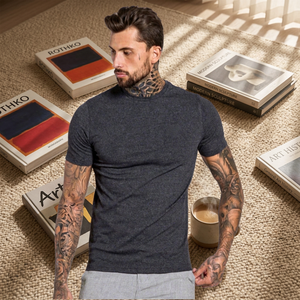 T-shirt décontracté à manches courtes et col rond pour homme, grande taille, respirant, couleur unie, en jersey tricoté en laine mérinos, design uni - Product Image 6