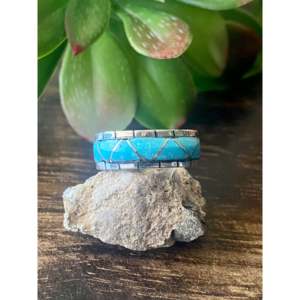 Zuni Turquoise Sterling <b>Silver</b> Inlay <b>Ring</b> Size 6.25-Natural Gemstone Jewelry for <b>Men</b> - Product Image 1