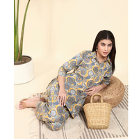 Ensemble haut et pantalon palazzo d'été pour femme en coton tricoté de qualité supérieure, à motif floral, col mandarin, manches trois quarts, haut court et pantalon fendu au genou |