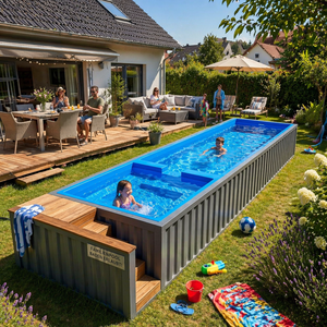 Rectangular Above Ground Wood Frame Swimming <b>Pool</b> Outdoor Family Spa <b>Pool</b> with Steps and Clear Blue Water - Product Image 4
