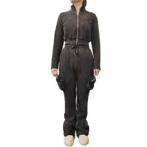 OEVE alta calidad cremallera inferior mujeres Crop Zip Up Hoodie mujeres Cargo pantalones con bolsillos laterales Cargo pantalones de chándal mujeres conjuntos 2024 - Product Image 1