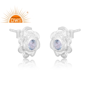 Handmade Design Fine Sterling Silver Natural <b>Blue</b> Topaz Gemstone Floral Designs <b>Stud</b> <b>Earring</b> Jewelry For Women Gift For Her - Product Image 2