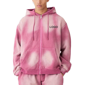 Ensemble de jogging pour homme en molleton 100% coton respirant, 2 pièces, décontracté, brodé, lavage à l'acide, manches longues, fermeture éclair, effet délavé - Product Image 2