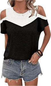 Camiseta de hombro frío para mujer Bloque de color Camisetas de manga corta con cuello redondo Tops de verano - Product Image 4