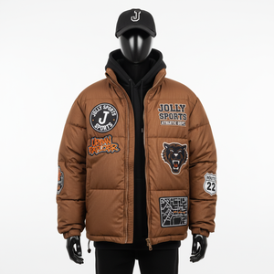 Chaqueta acolchada de poliéster de lujo, Color marrón, logotipo personalizado, Parche de chenilla bordado, ropa de abrigo de invierno, chaqueta acolchada para hombre - Product Image 1