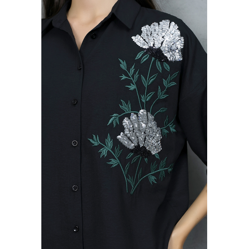 Women's Ayrobin Black Oversize Low Sleeve Shirt with Epaulettes and Sequin Embroidery Pattern Available in Sizes S-M-L-XL