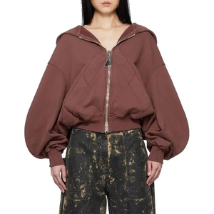 Sweat à capuche ample personnalisé avec fermeture éclair, épaules tombantes, coupe courte, manches longues bouffantes, effet délavé vintage, grande capuche, patchwork, pour femme - Product Image 5