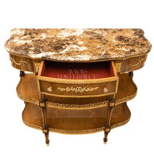 Table console classique de luxe avec plateau en marbre, deux étagères et détails en laiton - Product Image 3