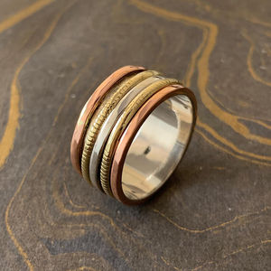 For Trinity Tone Rose Gold and Gold Plated Inlay <b>Spinner</b> <b>Ring</b> 6.9 Grams Trendy Bohemian Christian Fine Jewelry Gift - Product Image 1