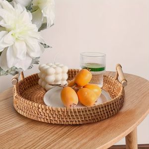 Plateau en rotin de bambou fait main plateau en rotin avec poignée tissé à la main rond haut mur plateaux de séparation des aliments multi-usages - Product Image 1